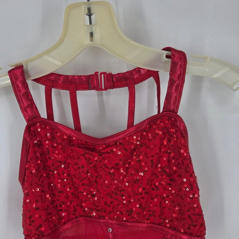 Balera Red Sequin Dance Leotard Mesh Rhinestone Cage Back Girls Large LC